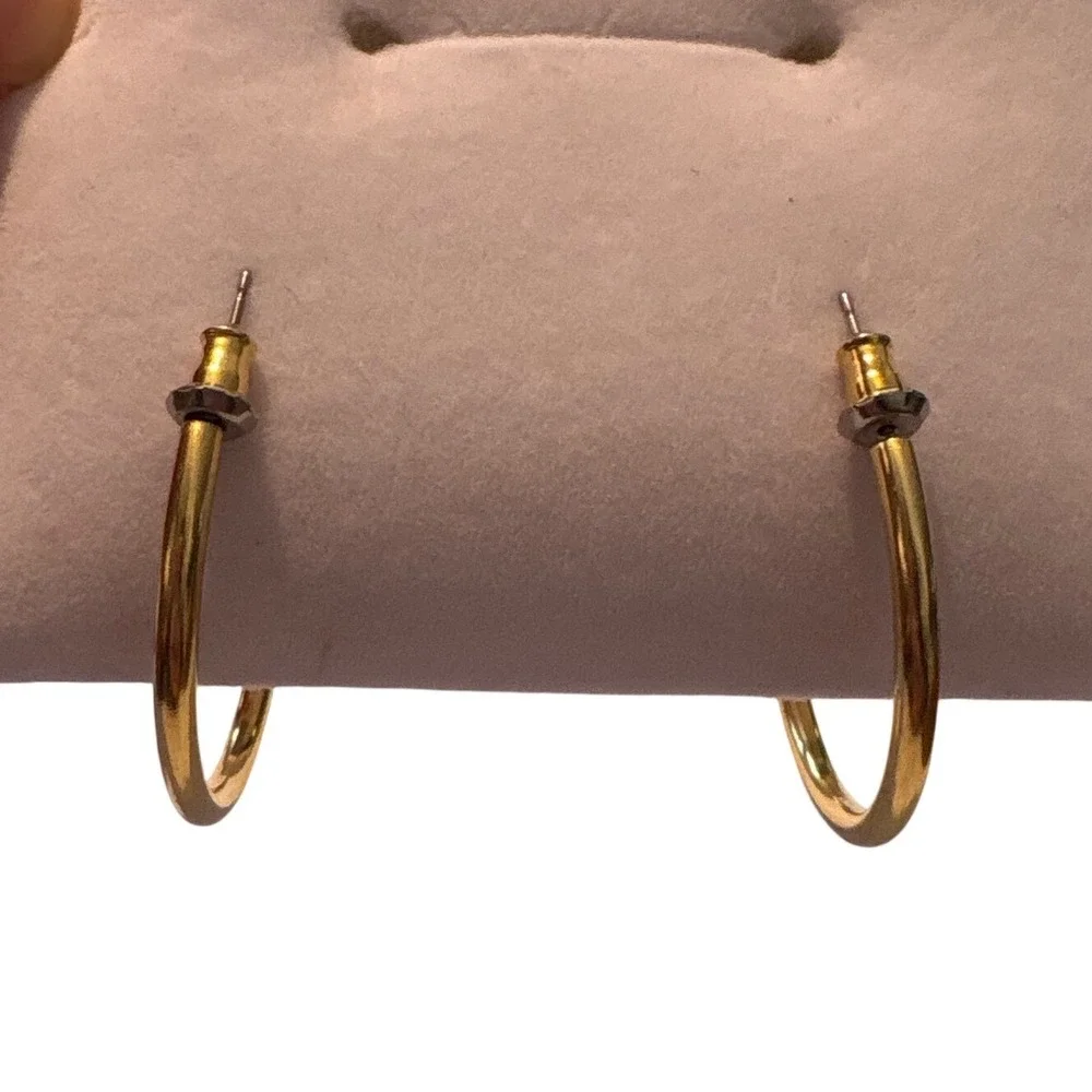 Classic Gold Tone Medium Round Hoop Earrings 1‎ Inch Polished Minimalist Post